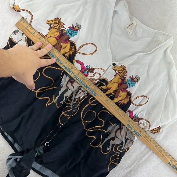 Roper Short Sleeve Button Up Blouse White Black Cowboy Rodeo Tie Front Womens L - Picture 9 of 9